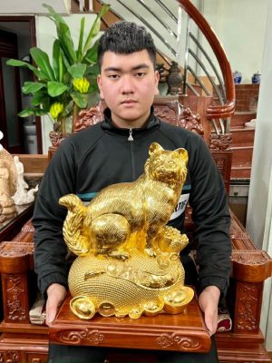 Tượng Mèo Bằng Đồng Đứng Túi Tiền Dát Vàng 9999