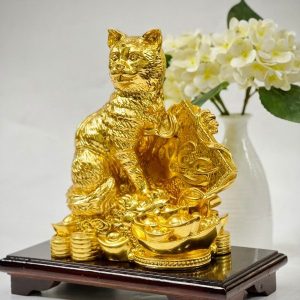 Tượng Mèo Tài Lộc Bằng Đồng Dát Vàng 9999