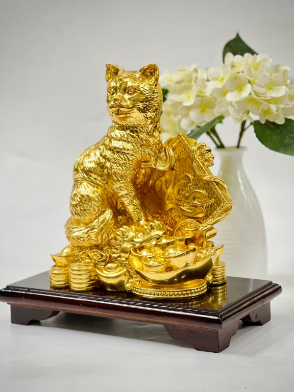 Tượng Mèo Tài Lộc Bằng Đồng Dát Vàng 9999