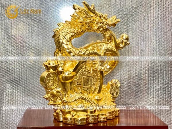 Tượng Rồng Cuộn Tiền Nhả Ngọc Bằng Đồng Cao 40cm Dát Vàng
