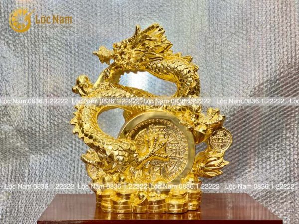 Tượng Rồng Cuộn Tiền Nhả Ngọc Bằng Đồng Cao 40cm Dát Vàng