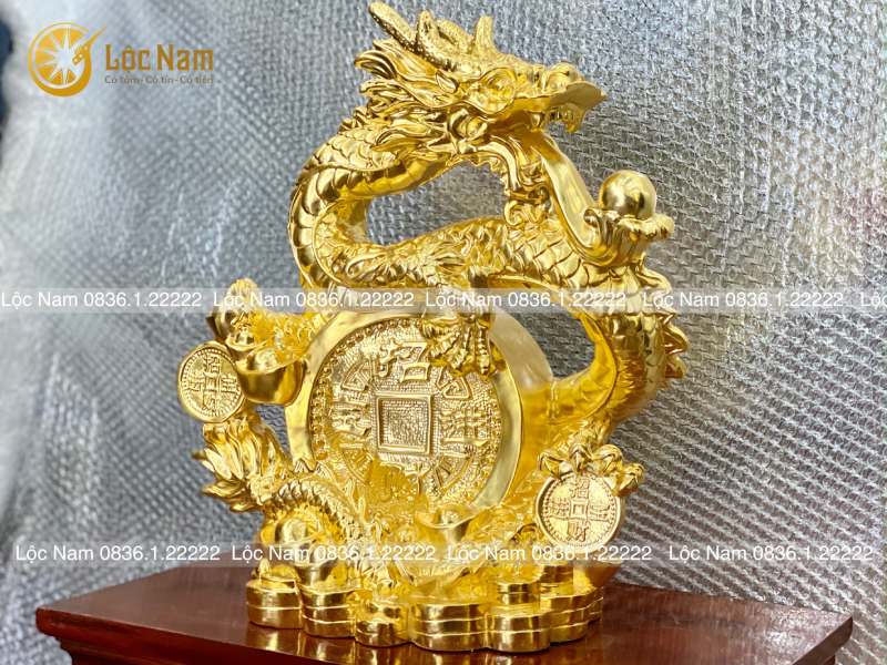 Tượng Rồng Cuộn Tiền Nhả Ngọc Bằng Đồng Cao 40cm Dát Vàng 