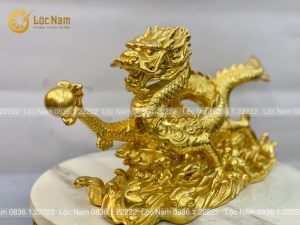 Tượng Rồng Cuộn Nhả Ngọc Bằng Đồng Mạ Vàng Dài 30cm