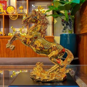 Tượng Ngựa Hí Bằng Đồng Vàng Cao 27cm Dát Vàng 9999