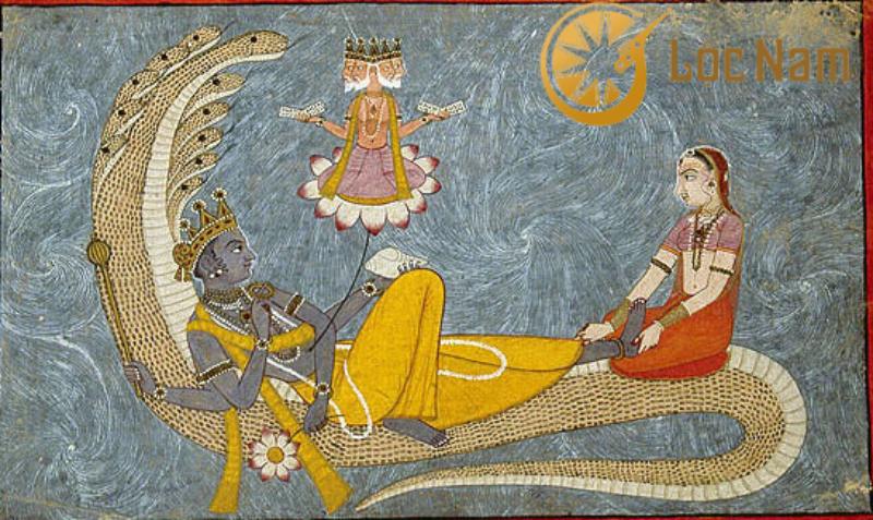 con rắn nằm dưới chân của thần Vishnu